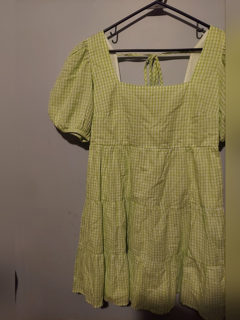 Gingham Plaid Puff Sleeve Mini Dress 10 Green Cottage Babydoll Milkmaid Boho Y2K